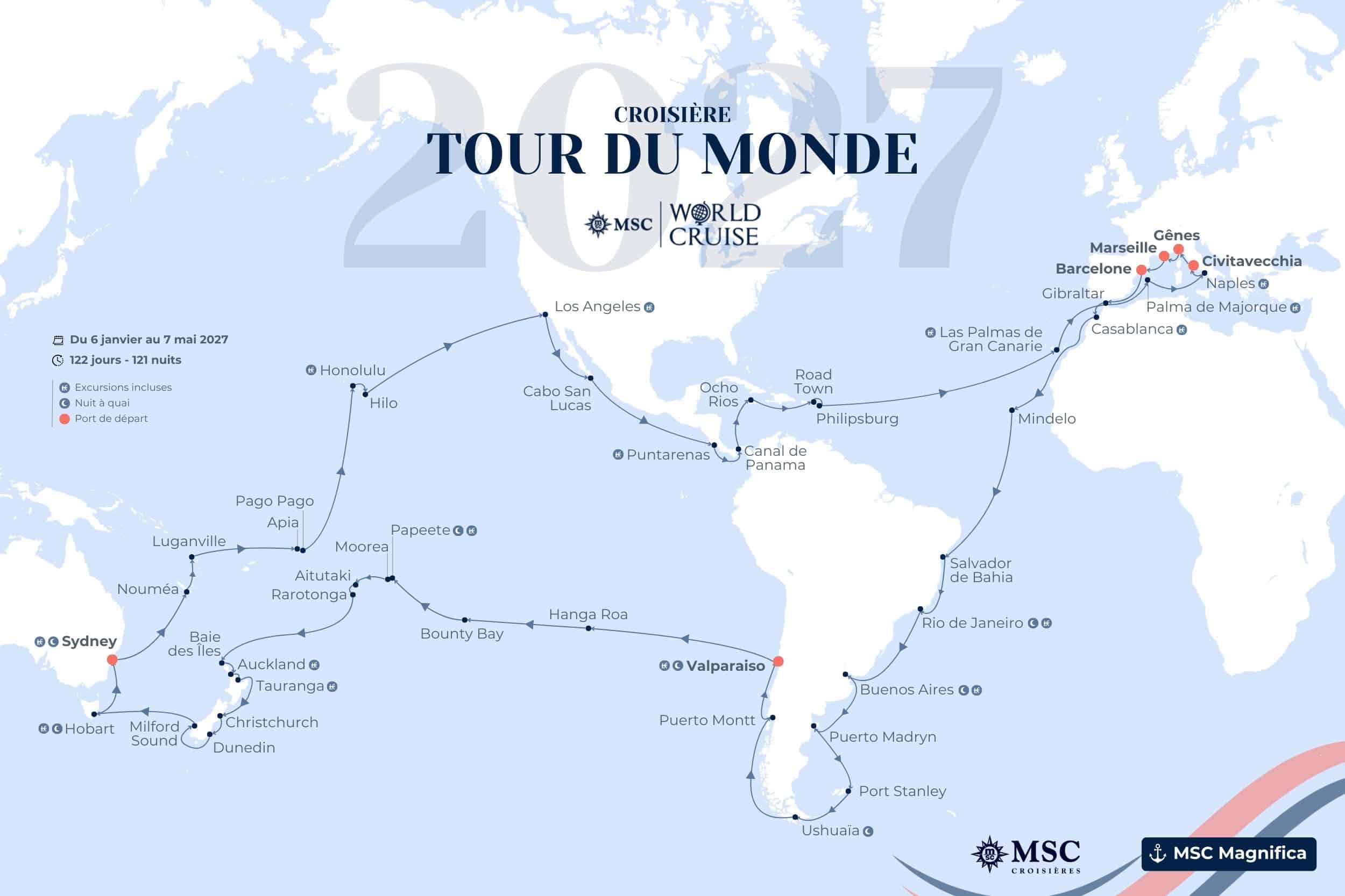 Carte et itinéraire de la croisière MSC tour du monde 2027