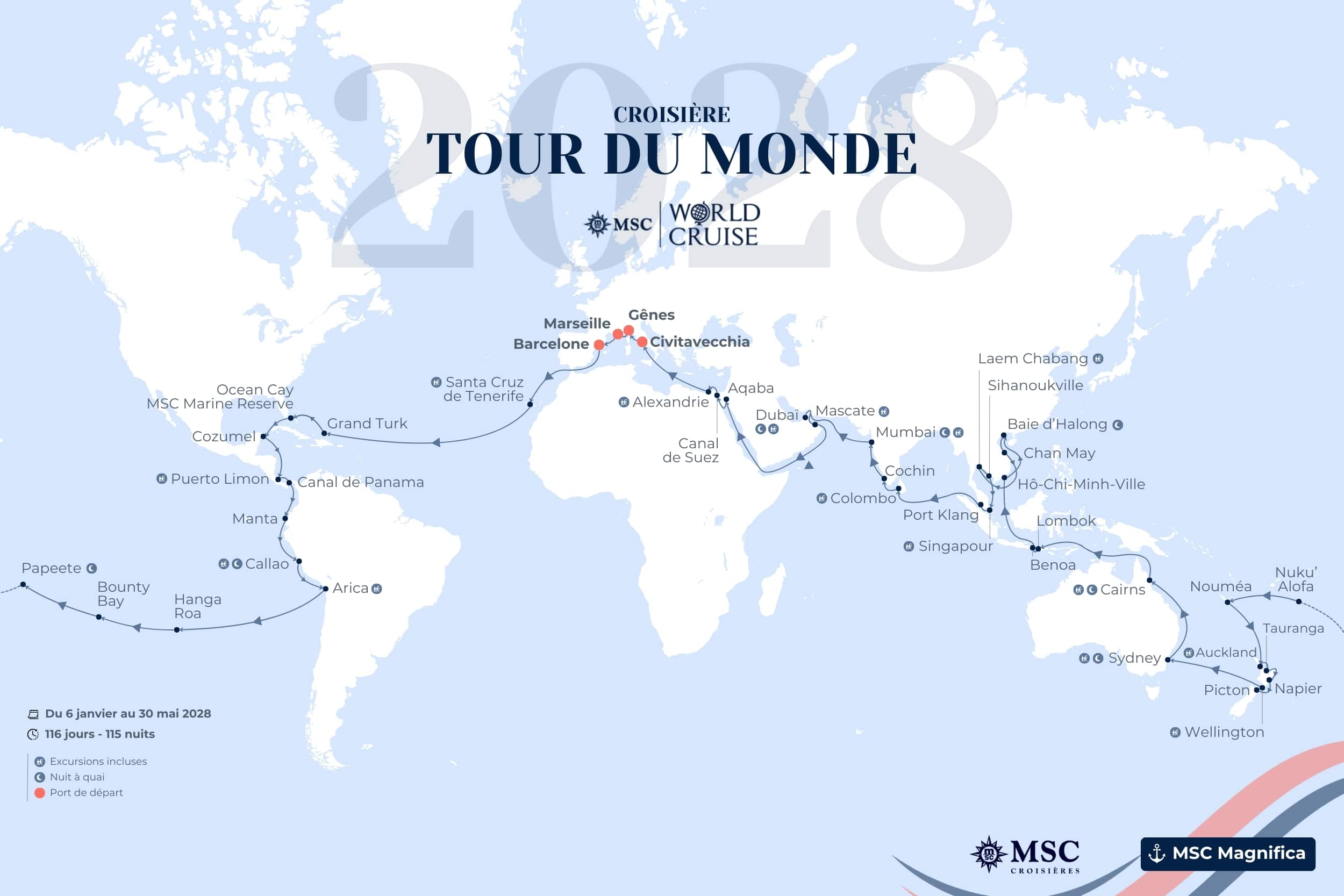 Carte et itinéraire de la croisière MSC tour du monde 2027